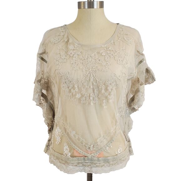 Sheer Mesh Lace Trim Flutter Sleeve Top M Coquette Fairy Whimsical Boho Feminine - Picture 1 of 13